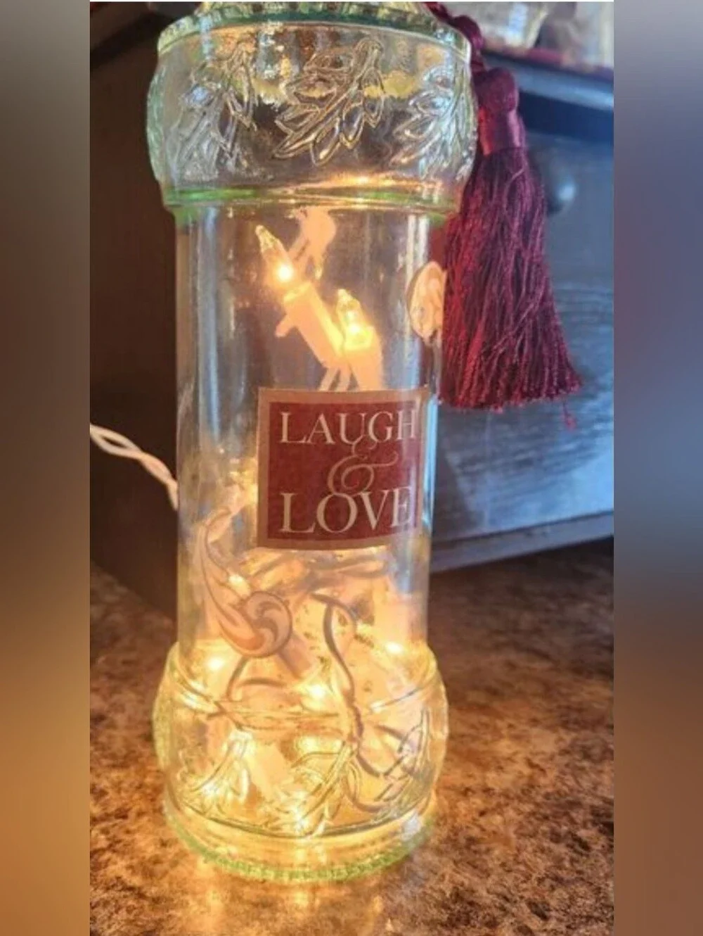 Laugh & Love Decorative Glass Light Jar - Clear w Burgundy Tassel & flower
